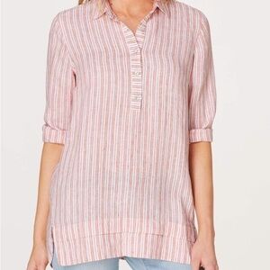 J.Jill Love Linen 100% Linen Tangerine Striped Tunic Blouse Size M